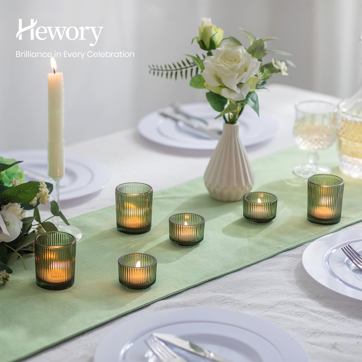 Hewory Glass Tealight Candle Holder: 8 Pcs Dark Green Votive Tea Lights Candle Holder, Ribbed Tea Light Holders Fall Decorations for Thanksgiving Table Centerpiece Wedding Party Home Decor