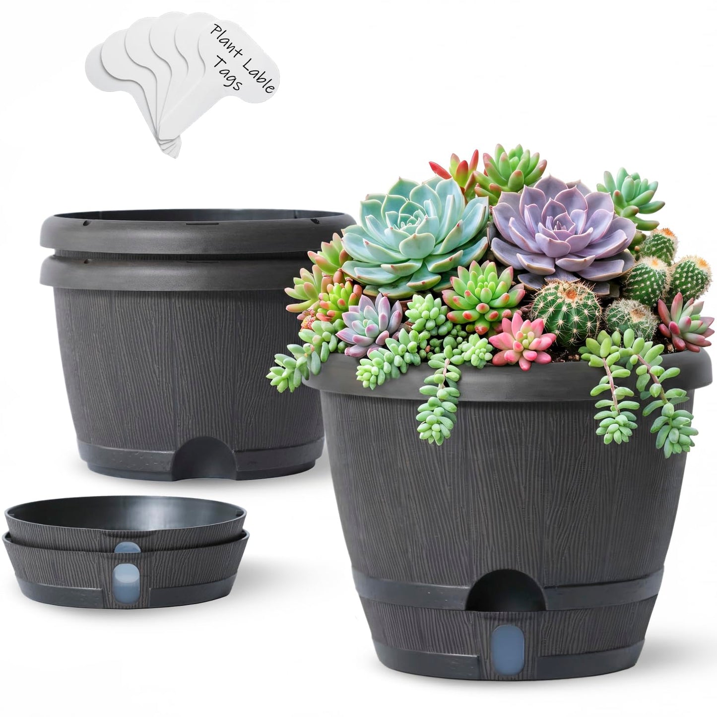 Sun-E 10 Inch Self Watering Planters 3-Pack - Rustic Whiskey Barrel Flower Pots with Water Level Indicator & Drainage, Farmhouse Decor for Indoor Outdoor Plants (Dark Brown Wood Grain)