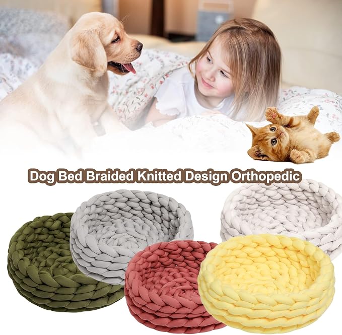 Woven Dog Bed Basket, Knitted Cotton Cat Bed Round Washable Woven Cat Pet Bed Chunky Dog Basket, Orthopedic, Chunky Knit Dog Nest,Dog Bed,Dog Cave,Dog Bedding(Blue,19")