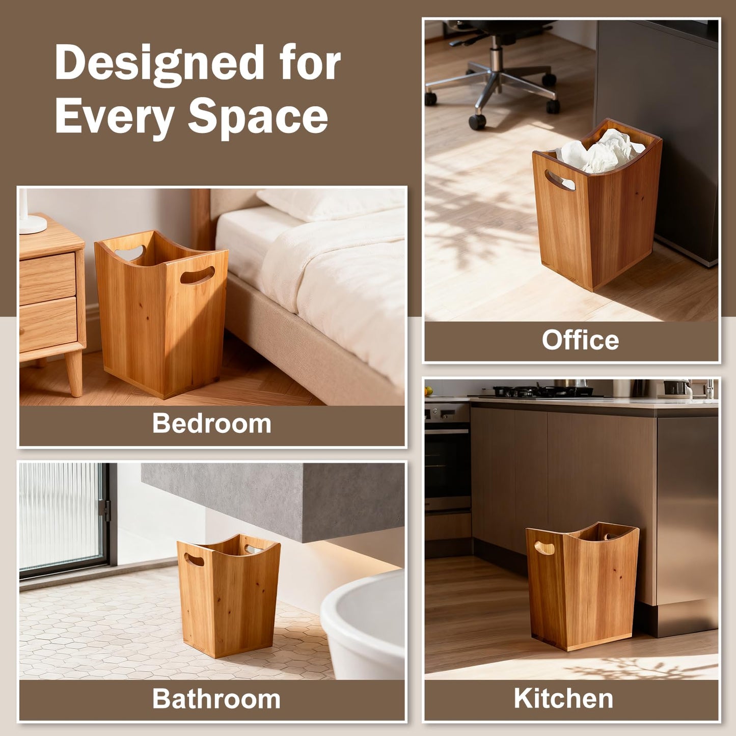 Tenavo 2 Gallons Wooden Bin Wastebasket, Small Trash Can, Decorative Bathroom Trash Can, Waste Basket for Bedroom, Office Garbage Can, Wood Bathroom Accessories