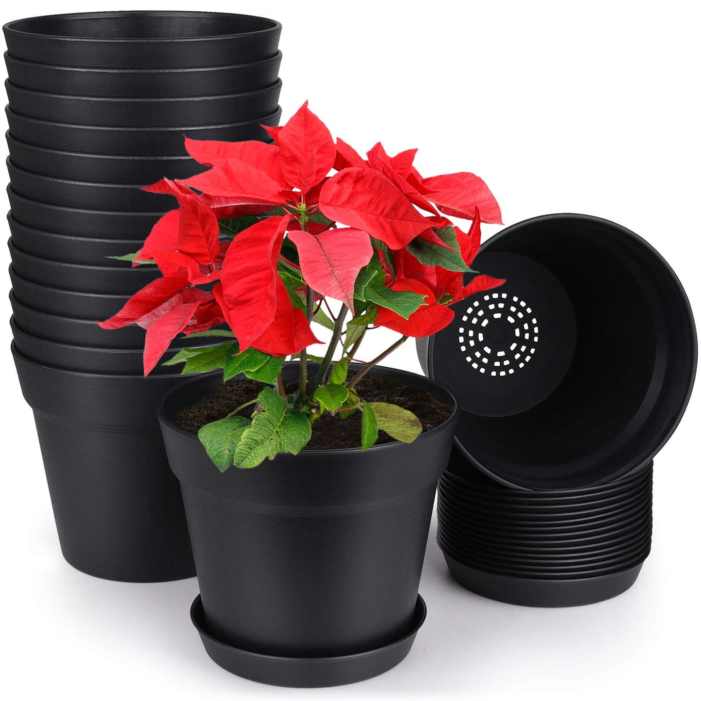 homenote Pots for Plants, 15 Pack 6 Inch Plastic Planters with Multiple Drainage Holes and Tray,Plant Pots for All Home Garden Flowers Succulents (Black)