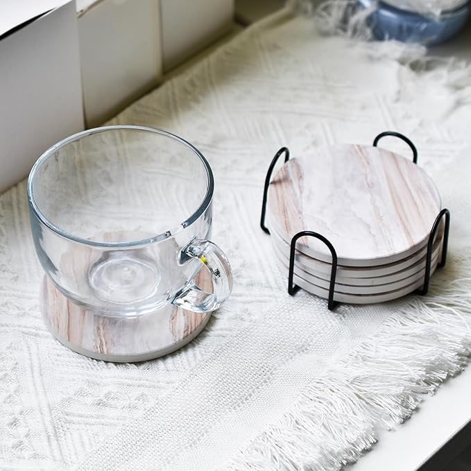 6Pcs Drink Coasters with Holder, Marble Style Ceramic Drink Coaster, Absorbent