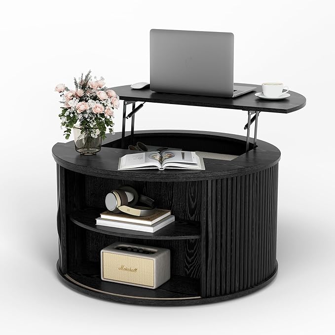 JOINICE 31.5" Black Round Lift Top Coffee Table, Modern Fluted Drum Center Table