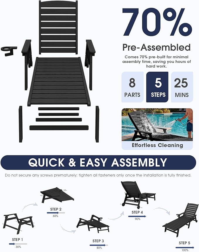 KINGYES HDPE Lounge Chair Outdoor, Patio Chaise Lounge Recliner