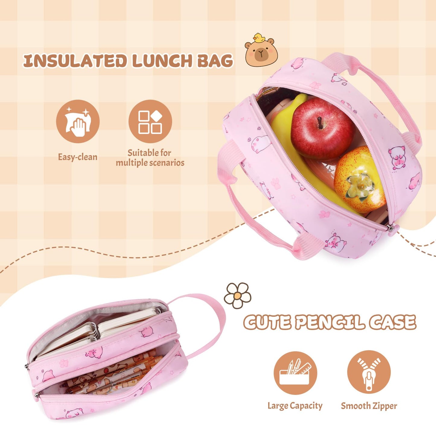 Similove Capybara Theme Backpack for School Girls, 35PCS Kids Backpack Set with School Supplies Stationery Kit Lunch Box Pencil Case, Cute Girls Bookbag for Kindergarten Elementary Student