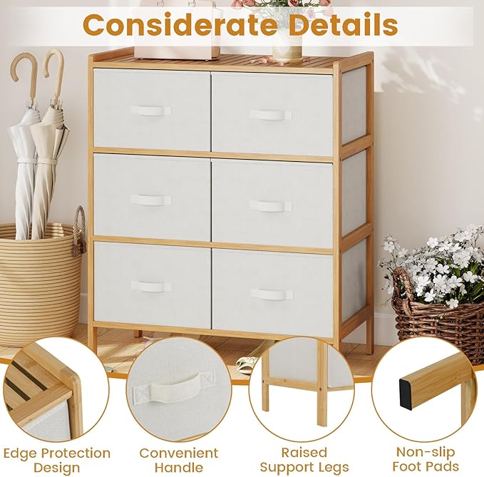 Giantex 6-Drawer Dresser for Bedroom, Bamboo Storage Tower
