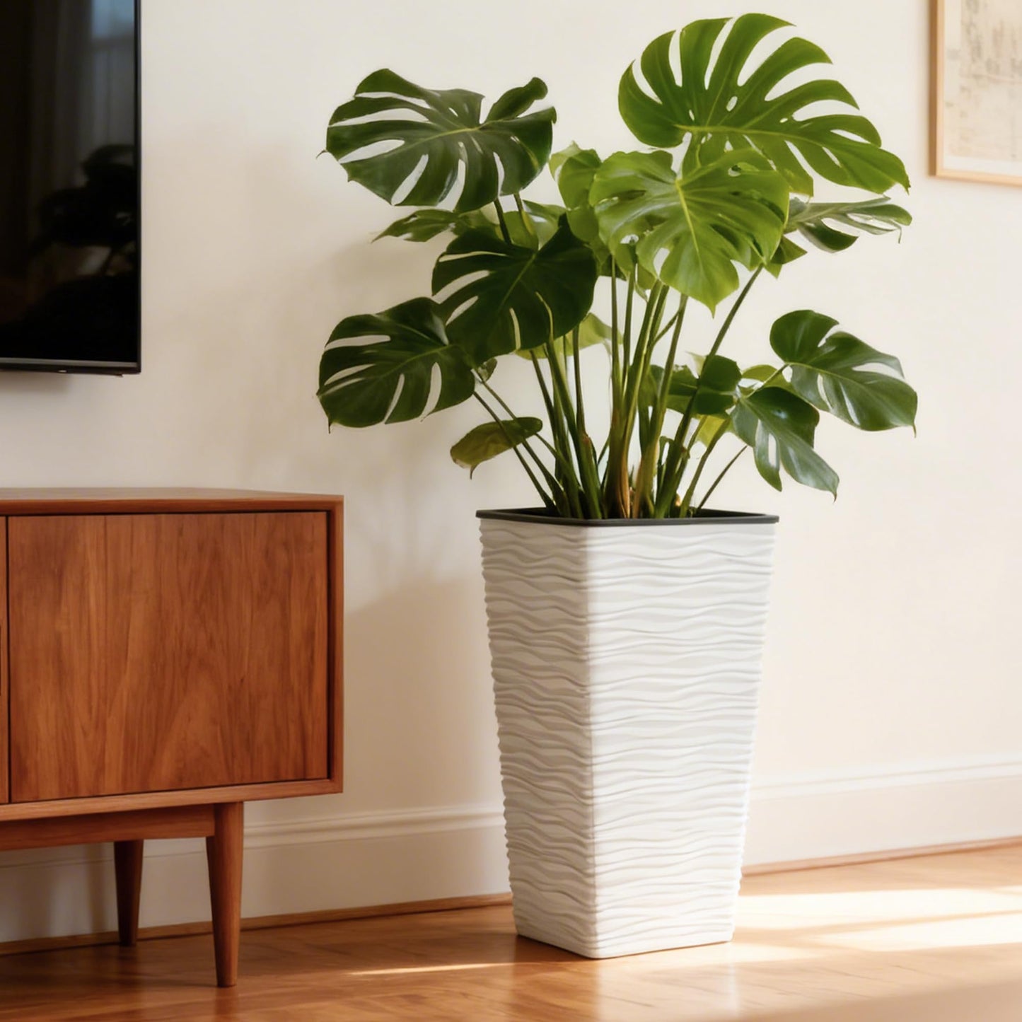 Worth 2 Pack 22" Tall Plastic Square Tapered Planter with Inside Pots for Indoor or Outdoor Use, Modern Wavy Finish for Front Porch or Deck, White