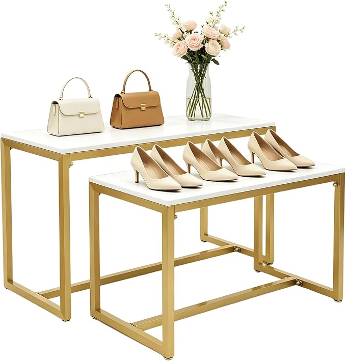 2pcs Gold Retail Display Nesting Tables, Shoes Handbag Metal Display Riser Shelf