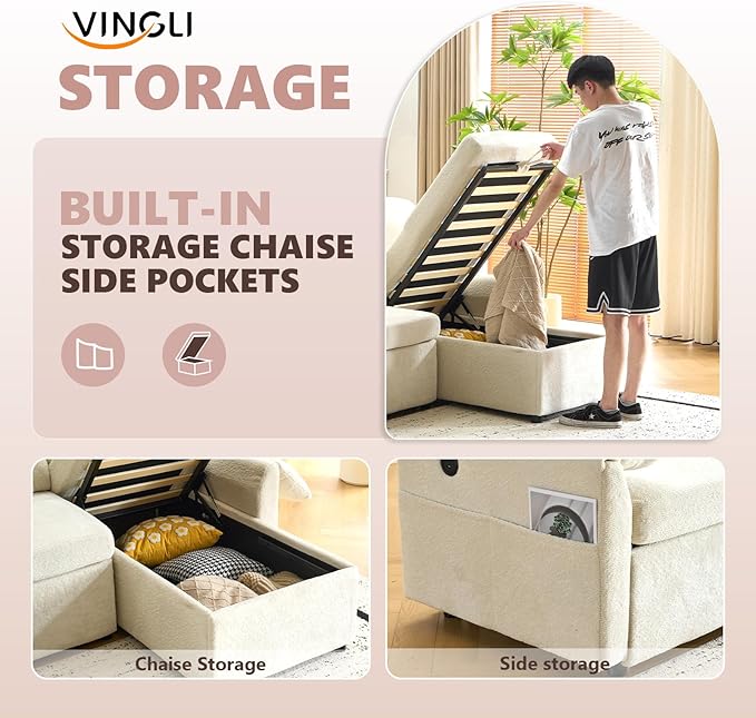 VINGLI Beige Convertible Futon Sofa Bed, Sleeper Sofa