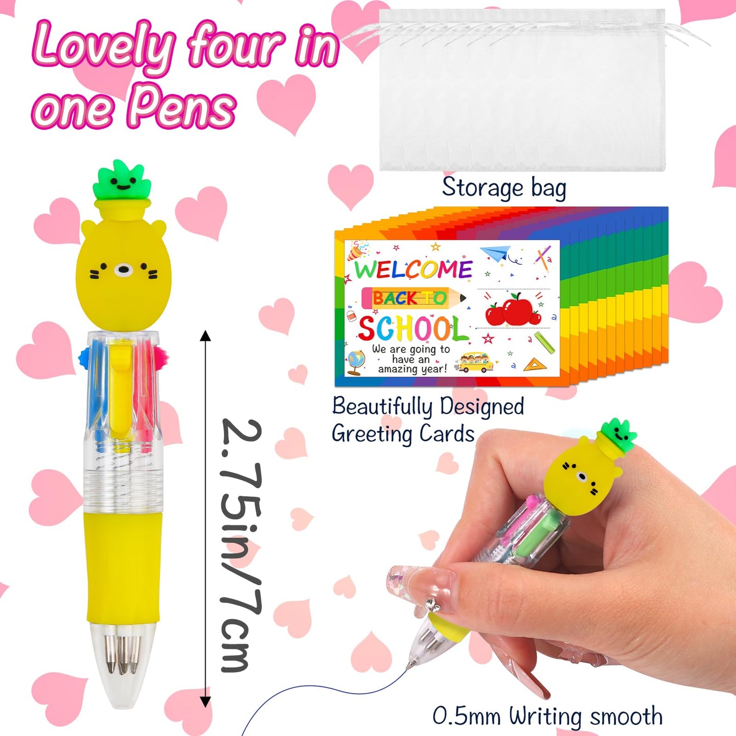 CZWZ 30 Set Cute Multicolor Pens in One 4-in-1 Fun Pens Bulk with 30 Gift Cards for Kindergarten Party Welcome Back To School Student Gift Bulk Office School Exchange Gifts