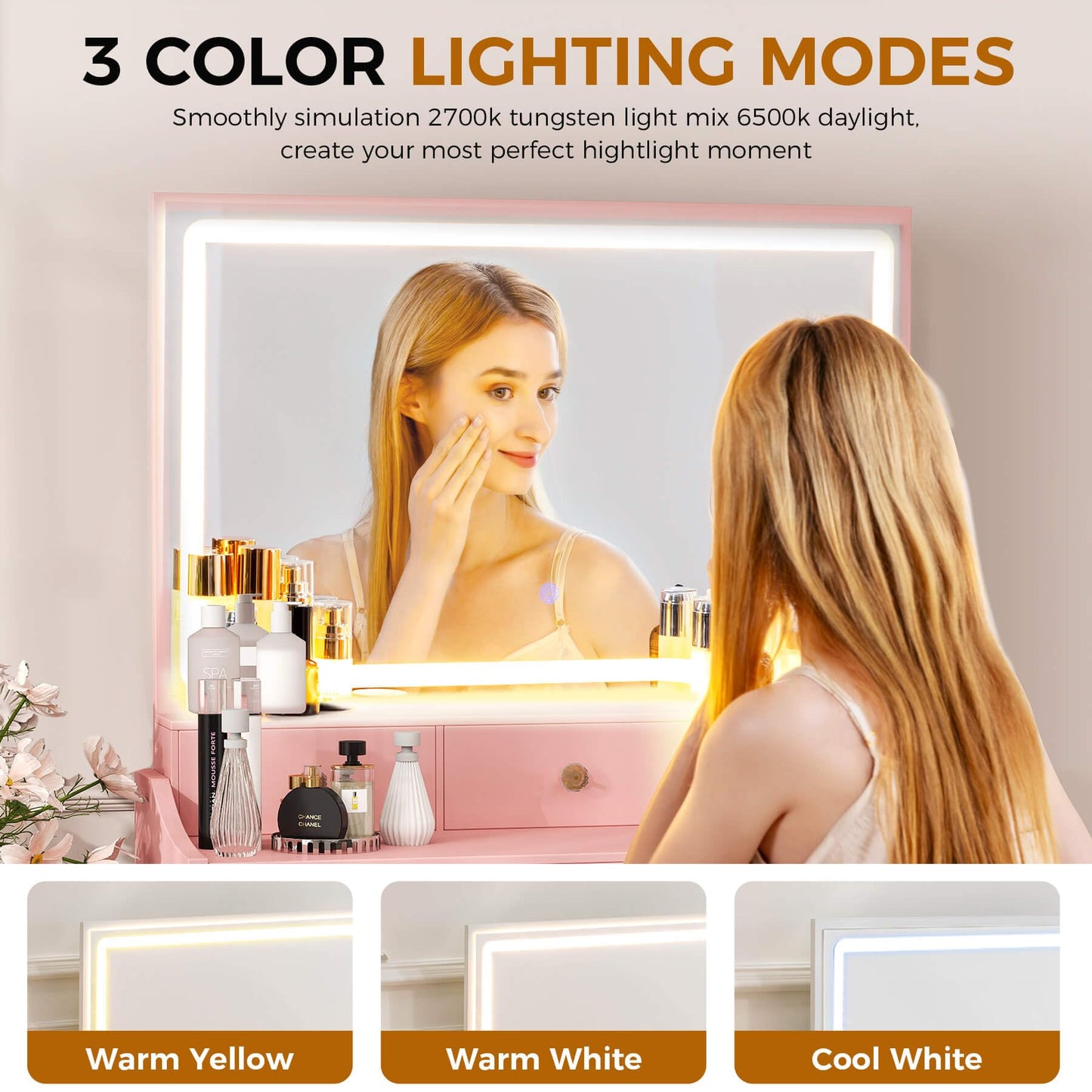 COMHOMA Makeup Vanity Desk with Mirror and Lights, Vanity Table and Chair Set with 5 Drawers and Charging Station, Bedroom Dresser LED Mirror Stepless Dimmable & 3 Color Modes Adjustable, White