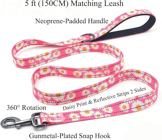 Dog Collar Leash Set, Floral Pattern, with Safety Reflective Strips, 5 ft Matching Leash, Neoprene Padded Handle, Adjustable 4 Sizes for Small Medium Large Dogs.(L, Pink Daisy)