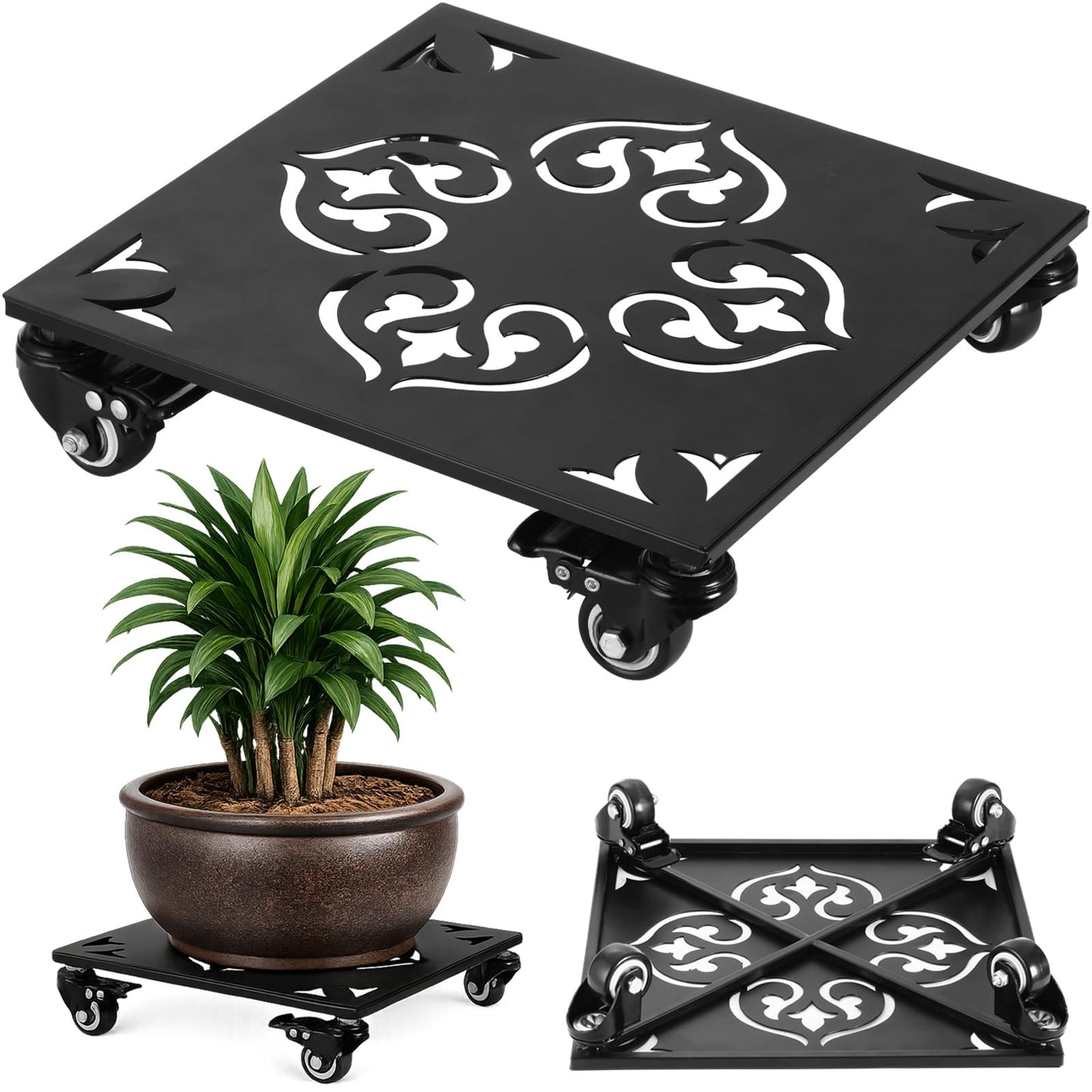 1 Pack Large Square Metal Plant Caddy with Wheels 13.5 Inches Heavy-duty Rolling Plant Stands with Casters Wheeled Flower Pot Mover Rollers Rust-proof Iron Planter Dolly Coasters Indoor Outdoor Use