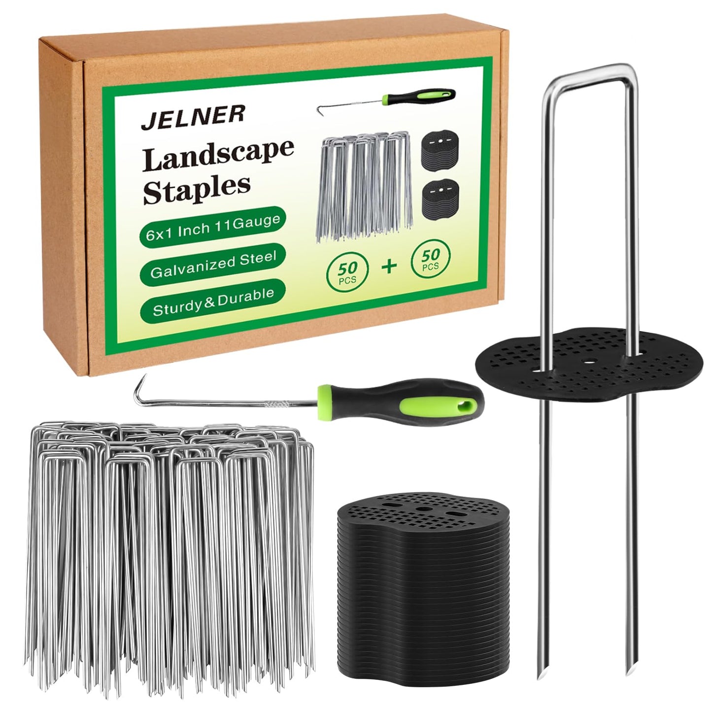 JELNER Garden Stakes,6 Inch 11 Gauge 50pcs Galvanized Landscape Staples + 50pcs Gaskets + 1Pick Hook,Tent Stakes Landscaping Fabric SOD Pins for Weed Fabric Barrier,Groud Cover,Fence