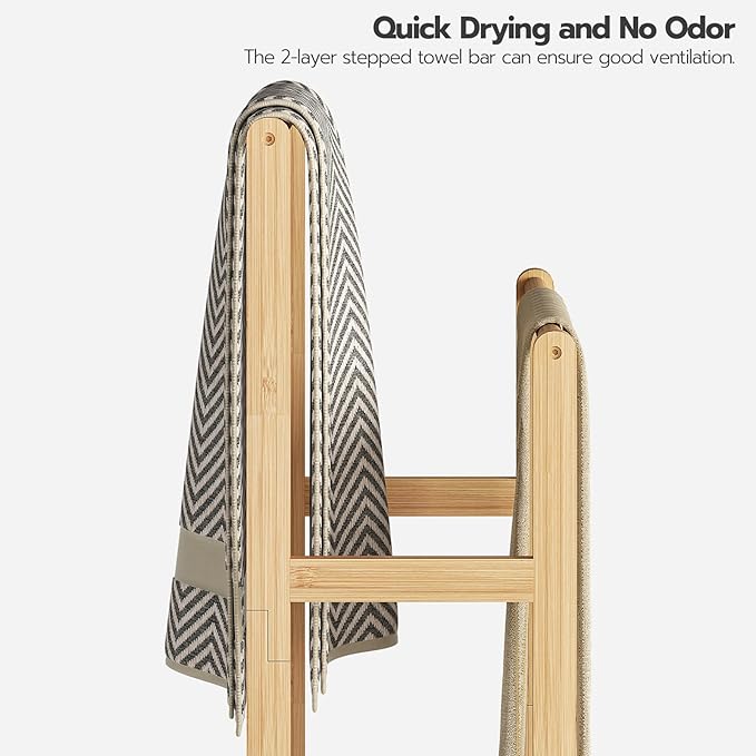 HOOBRO Freestanding Towel Rack for Bathroom, 2 Tier Decorative Bamboo Blanket