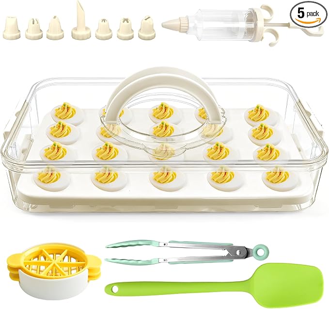 20 Deviled Egg Containers with Lid & Handle,Egg Holder for Fridge PET Thickened Eggs Organizer for Refrigerator Inc Egg Slicer,Kitchen Tongs,Silicone Spatula,Piping Decorating Kit