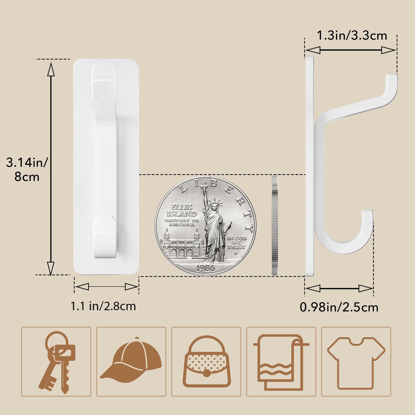 pickpiff Wall Hooks for Coat and Towel: 13LB Strong Adhesive Door Hanger Stick on, White 6 Pack