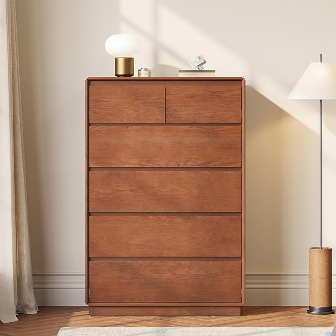 Solid Wood Dresser for Bedroom, Natural Solid Wood 6 Drawer Dresser, 45.3" Tall