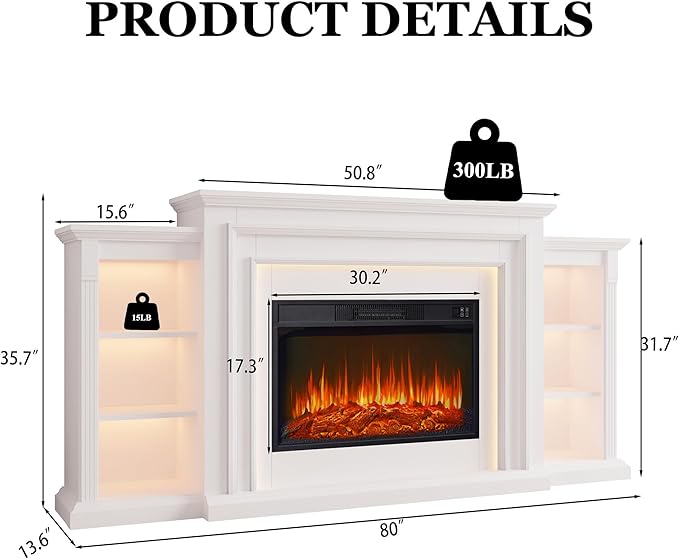 80" LED Lights Electric Fireplace