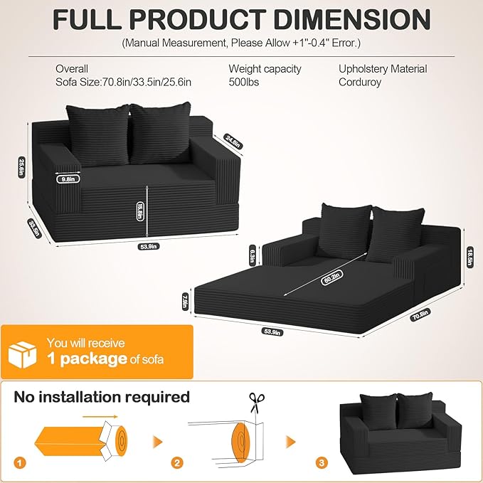 Erament Loveseat Boneless Convertible Sofa Bed, Folding Floor Futon Sleeper