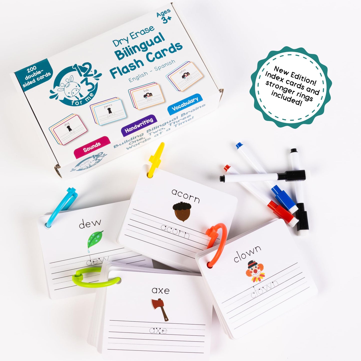 Dry Erase Spanish Flash Cards for Kids | English - Spanish Alphabet Flash Cards for Beginners - Set of 200 ESL Teaching and Learning Bilingual Flashcards for Writing and Reading Games.