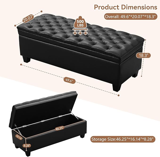 WUTUTUEE 50" Faux Leather Storage Ottoman Bench, End of Bed Upholstered