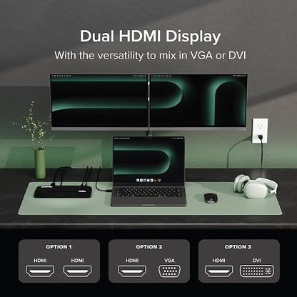 Plugable USB 3.0 Universal Docking Station for Windows, macOS, ChromeOS (Dual HDMI Monitors or DVI/VGA, Gigabit Ethernet, Audio, 6 USB Ports)