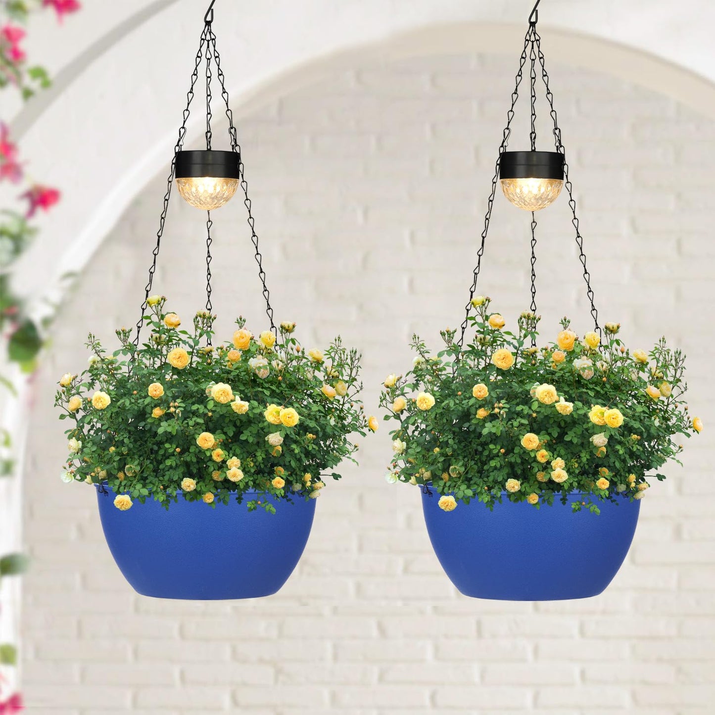 SUNNYPARK 2 Packs Hanging Planters Basket for Outdoor Plants, Solar Powered Self Watering Blue Round Plastic Flower Pots with Drainer for Balcony Patio Garden Outdoor Decoration