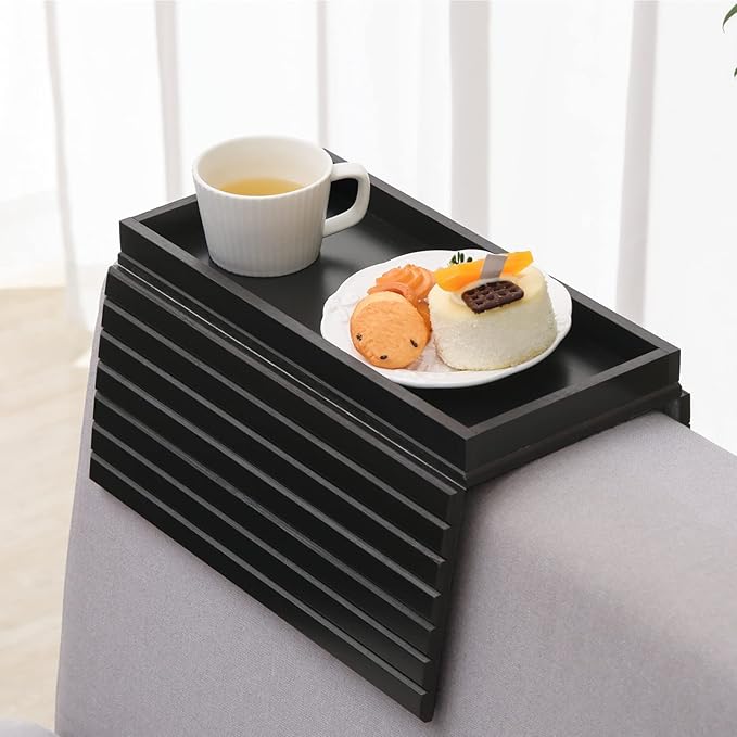 GEHE Bamboo Sofa Arm Tray, Foldable Couch Arm Tray Side Table, Anti-Falling
