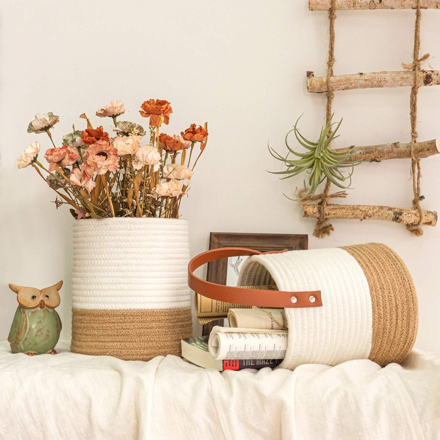 Goodpick 2pack Jute Rope Hanging Basket - Small Woven Fern Wall Hanging Baskets Flower Plants, Woven Basket Key Storage Baskets, White and Jute 7.87 x 7 x 11.7 inches