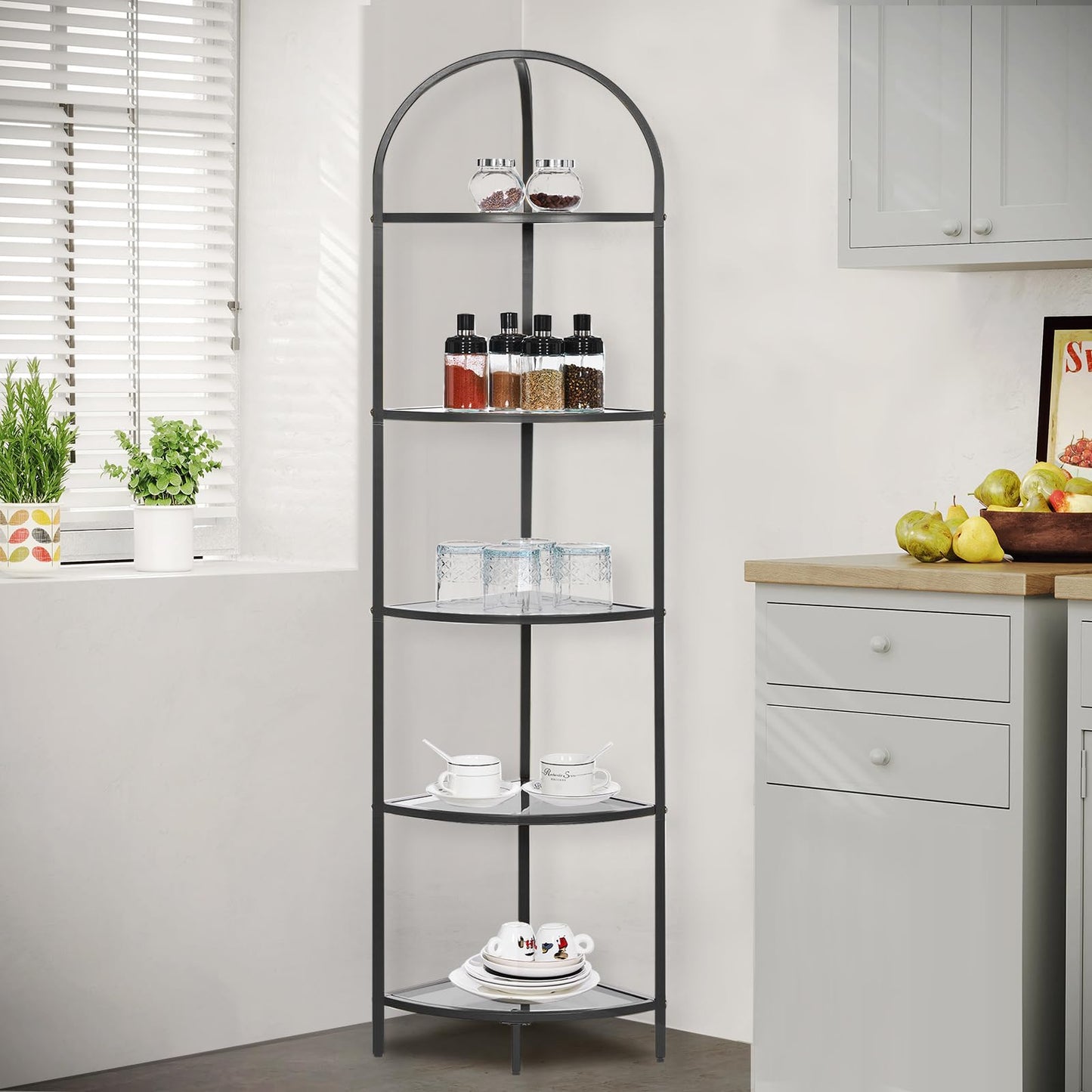 Homhedy 5-Tier Corner Shelf Stand, Metal Corner Bookshelf, Tempered Glass Shelves, Bathroom Storage Rack Shelf, Plant Stand, Modern Style, Black