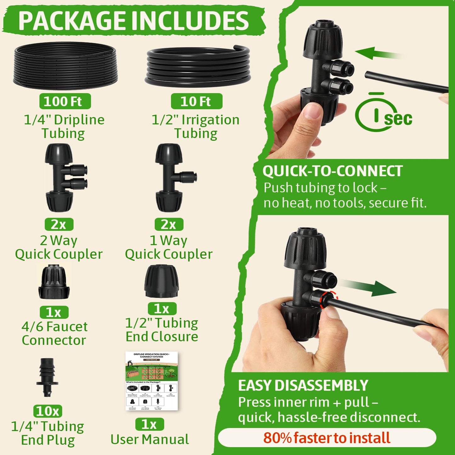 MIXC 1/4" Irrigation Dripline Tubing Kit (100 Ft Roll) with 10Ft 1/2" Main Line, Saving 80% Water, 6" Emitter Spacing, 0.5GPH Emitters Built-in Drip Irrigation Line with 1/4" Push-to-Connect Fittings