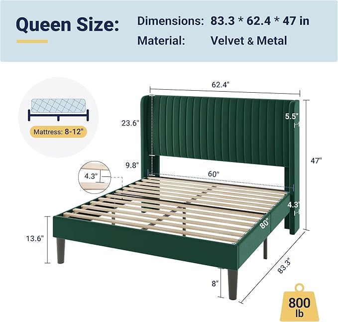 Allewie Queen Size Bed Frame/Velvet Upholstered Platform Bed/Vertical Channel