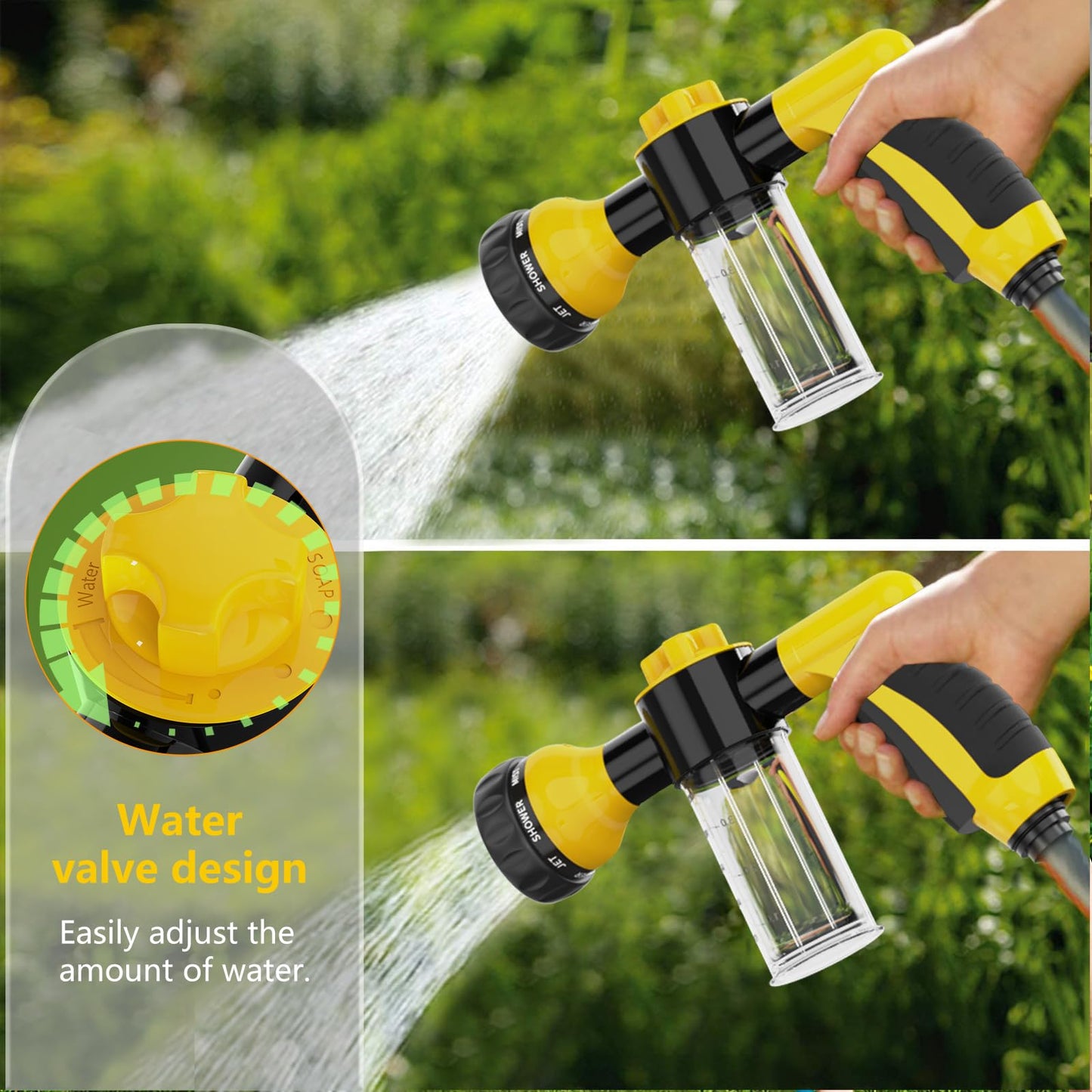 Garden Hose Nozzle, High Pressure Spray Gun Nozzle, 8 Spray Patterns for Watering Plants, Lawn, Patio, Cleaning, Showering Pet with 3.5oz/100cc Soap Dispenser Bottle (Orange)