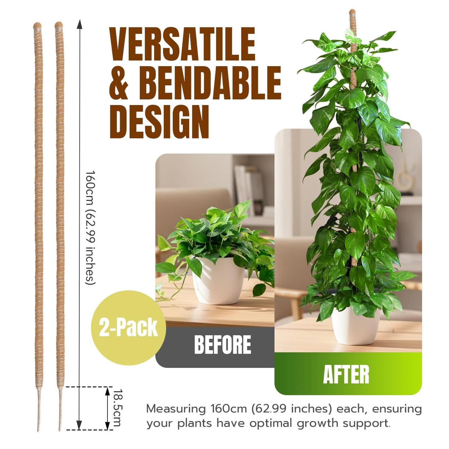 Mcbazel 2 Pack 63 Inch Bendable Moss Pole for Plants Monstera - Extra Tall 5.2ft Coco Coir Plant Support Stakes for Large Indoor Climbing Vines - Flexible Totem Stick Kit with Rope, Wire & Ties