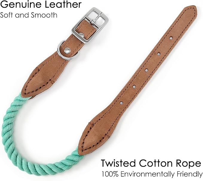 Mile High Life Genuine Leather Dog Collar, Durable Braided Cotton Rope Collar with Metal Pin Buckle for Small Medium Large Dogs (Green, M Neck 15"-18")