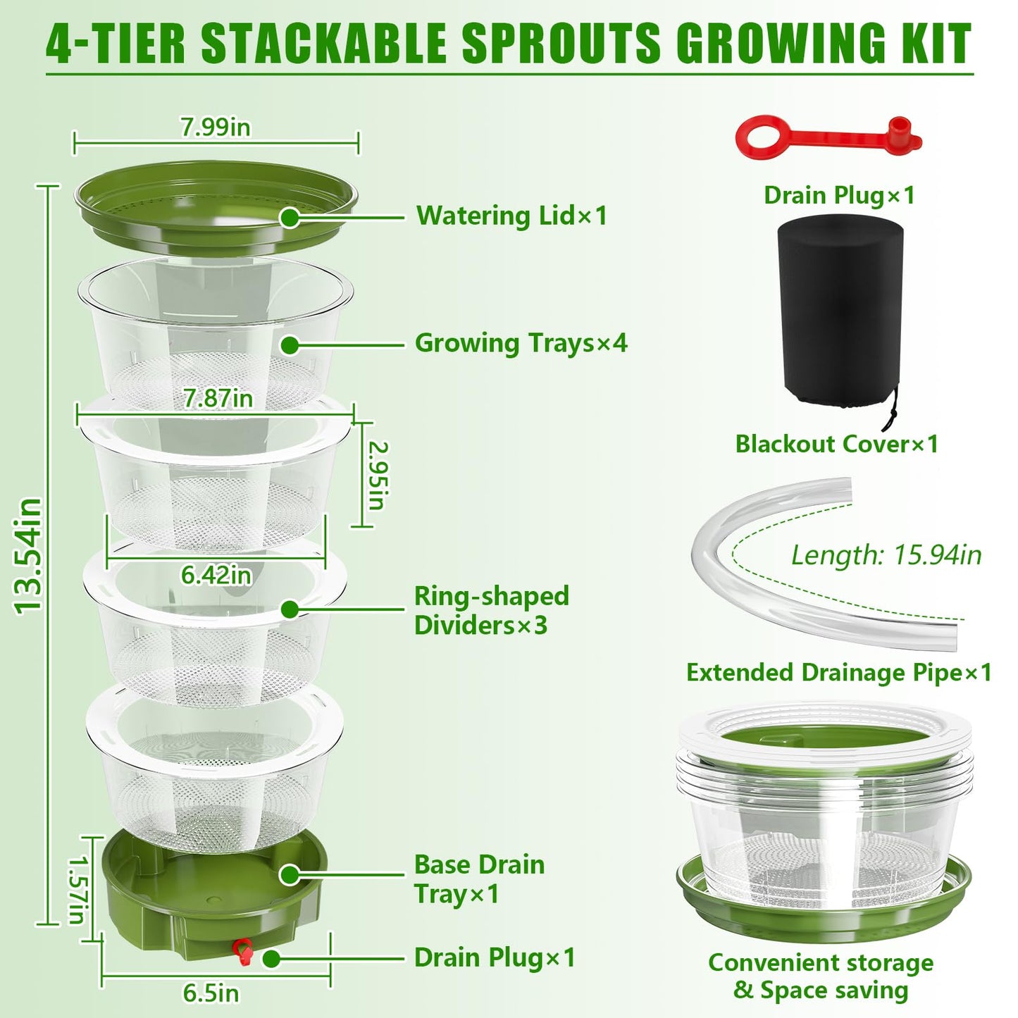 4-Tier Sprouts Growing Kit with Drain Hose & Ventilation Holes, Stackable Microgreens Growing Sprouting Trays Including Blackout Cover, Soil-Free Sprouter for Planting Broccoli Alfalfa Bean Seeds