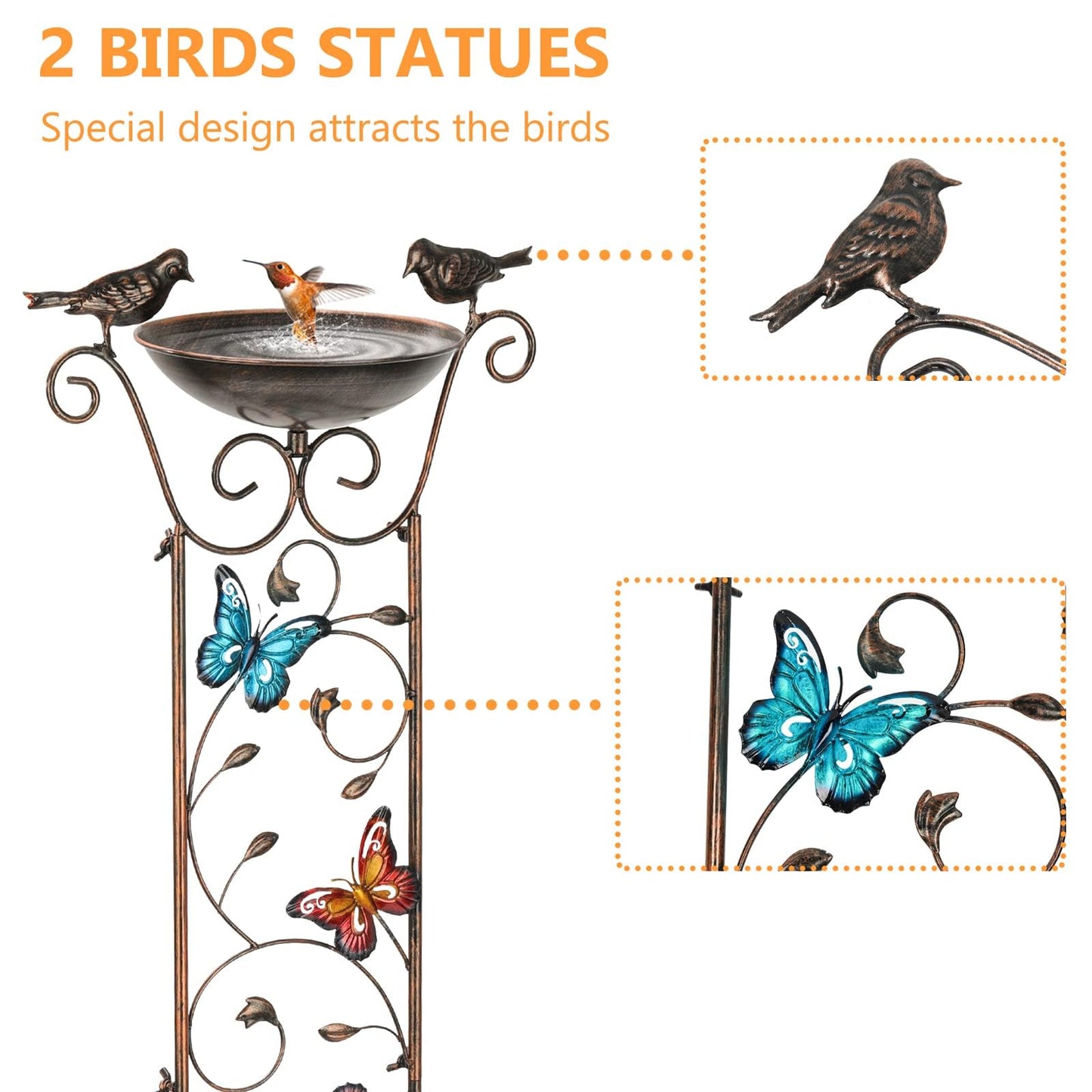 Garden Trellis Bird Bath Outdoor, 43.5 Inch Antique Iron Garden Plant Trellis Decorative with Butterflies and Detachable Drinking Basin Bowl, Free Standing BirdBath Birdfeeder Station