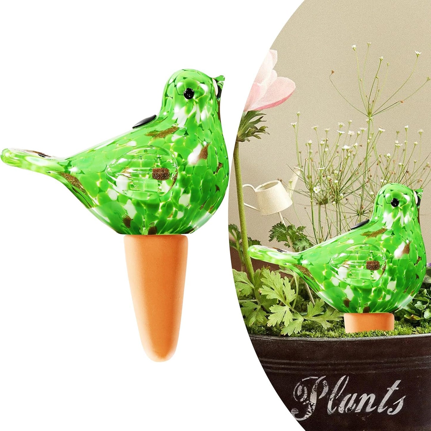 Plant Watering Globes, Bird Glass Self Watering Planter Insert - for Indoor & Outdoor Plants - Glass Plant Water Globes for Daily Use, Planter Spikes to Support Indoor & Outdoor Plant Health, Green