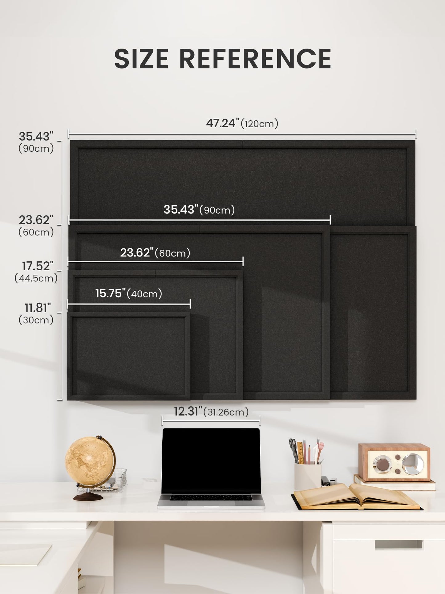 Fluxynara Foldable Cork Board Alternative, Felt Bulletin Board 23.6" x 17.5" Black Frame with 12 Adhesive Tabs, Pin Board for Home Office, Classroom, Entryway, Kitchen Wall Decor—Black