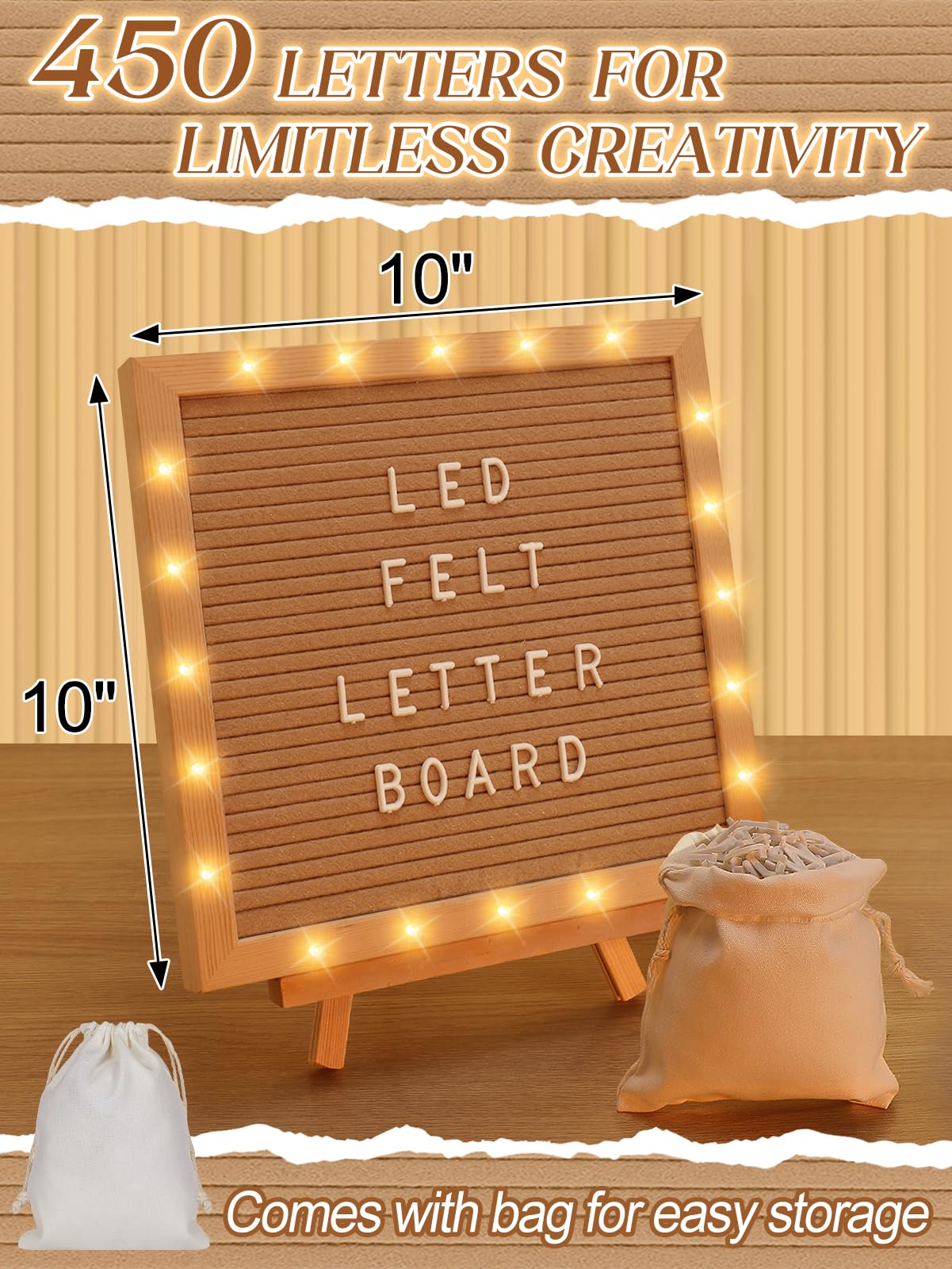 Changeable Felt Letter Board with LED Lights - 10×10" Message Custom Signs & Wood Stand& 450 Letters, Poster Board for Baby/Pregnancy Announcement/Classroom Wall Decor Gifts First Day of School, Camel