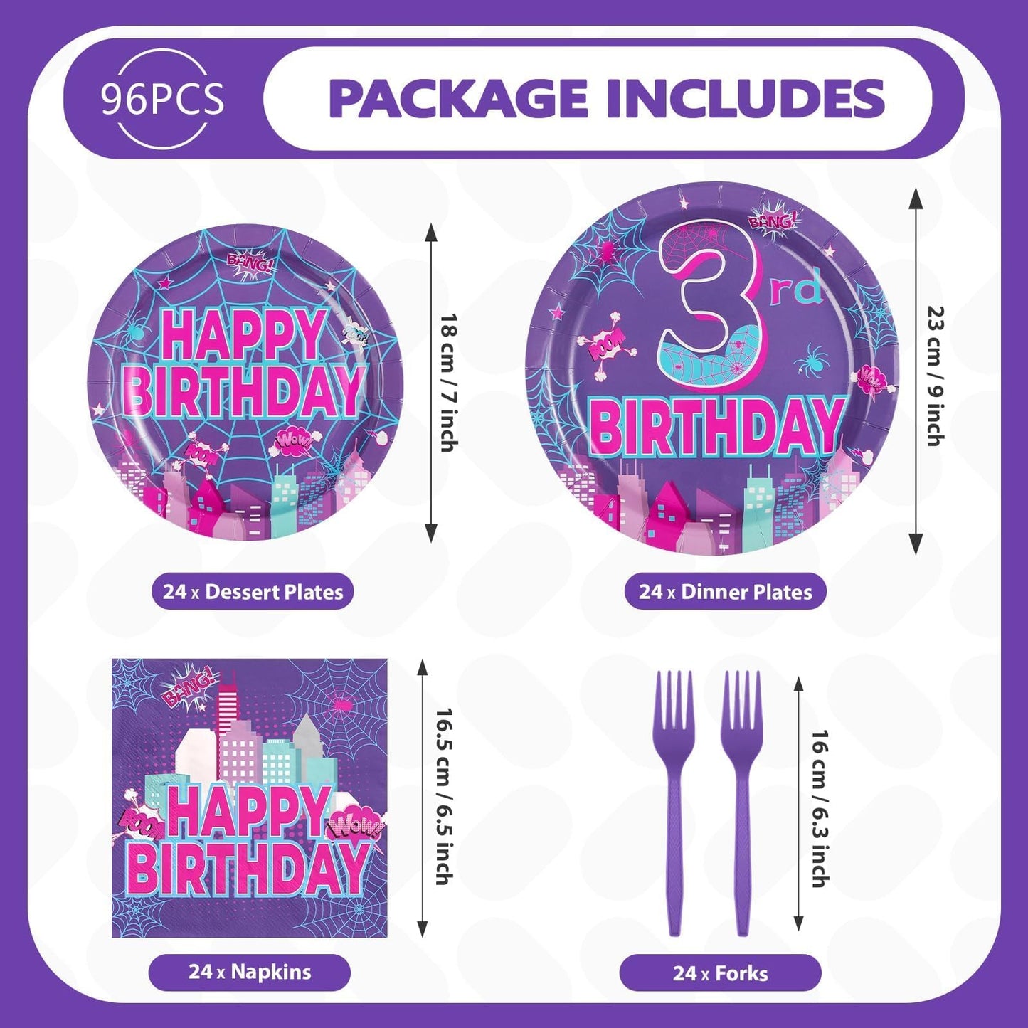 Greencian Purple Spider 3rd Birthday Party Decorations Purple Spider Themed Plates and Napkins Cartoon 3rd Decorations for 3 Years Old Boys Girls Kids Birthday Party Supplies