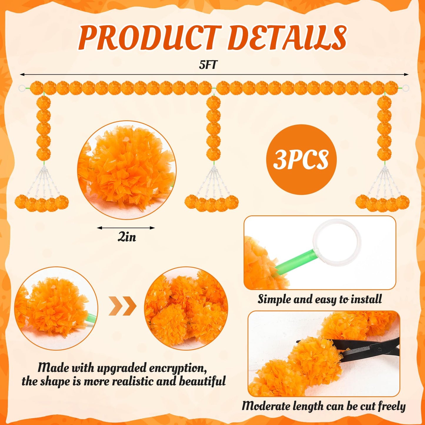 Giegxin 3 Pcs Marigold Garland for Diwali Decoration 4.92 feet Long Strand Artificial Marigold Flowers for Diwali Pooja Indian Home Wedding Dia De Los Muertos Day of The Dead (Orange)