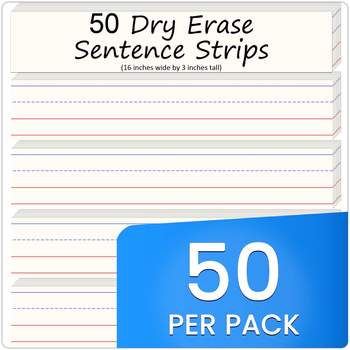 Godery 50 Pack Dry Erase Sentence Strips 16"X3" – Write and Wipe Away – Reusable Classroom Learning Tool for Your Standard Pocket Charts