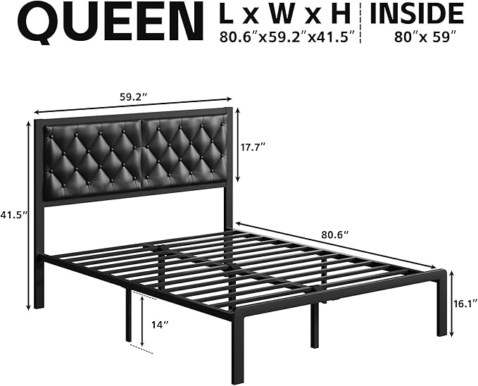 Fluest Queen Bed Frame with Headboard PU Leather Upholstered Bed Frame Platform
