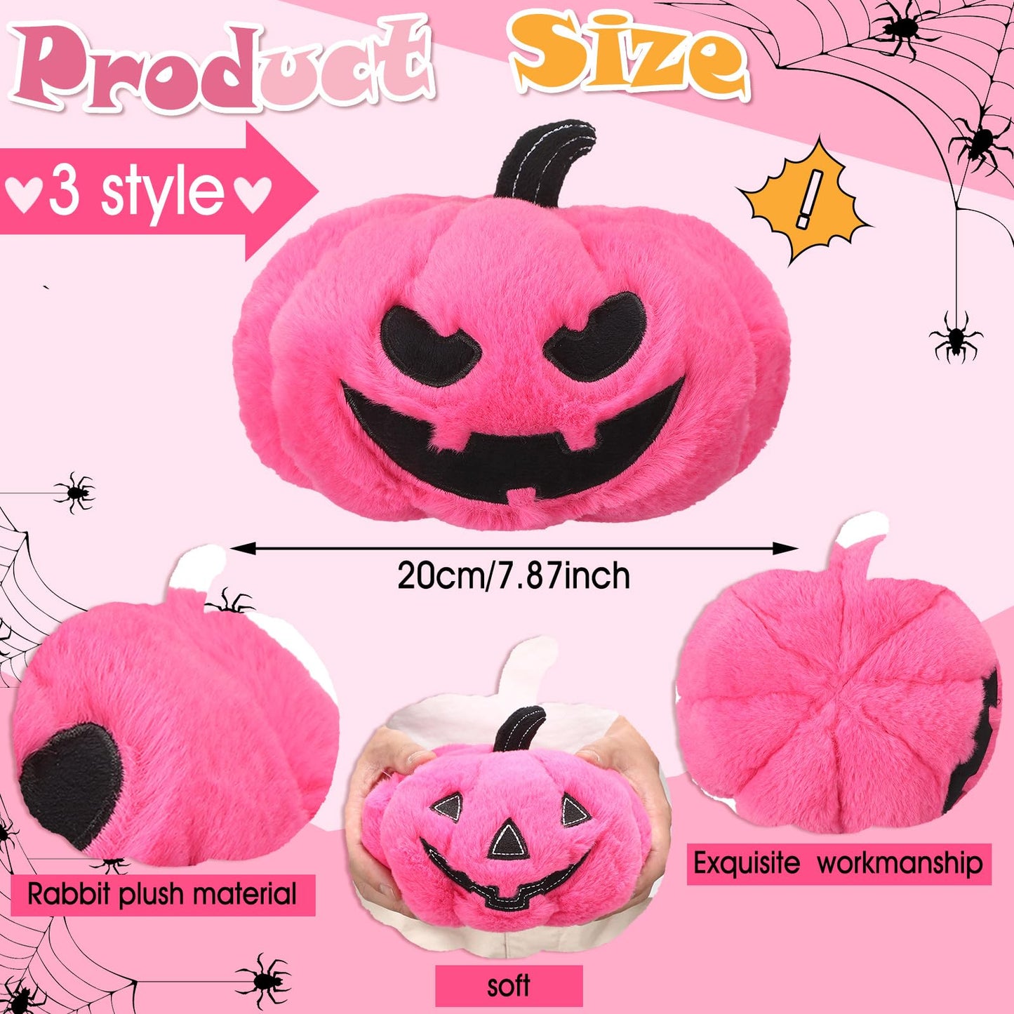 Yuntau 3 Pcs Halloween Pink Pumpkin Pillows Ghost Plush Stuffed Pumpkin Sofa Throw Pillow Cushion for Halloween Home Car Bedroom Sofa Decor 7.87 Inch