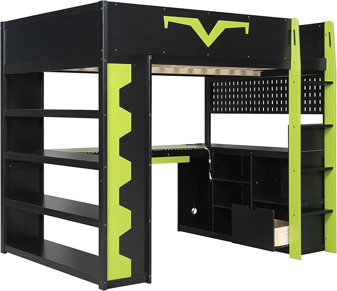 Full Size Gaming Loft Bed with Integrated Desk & RGB LED Lights, Pro-Gamer Bunk