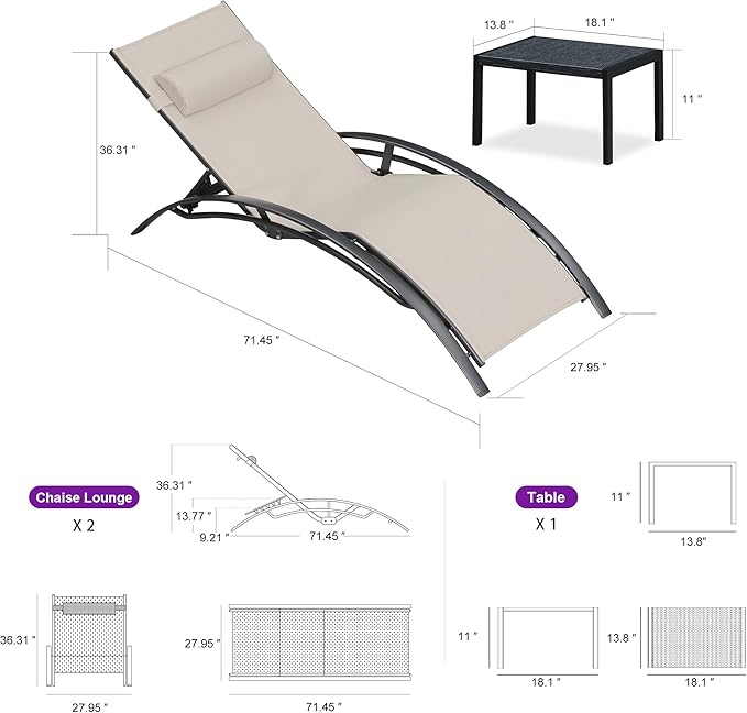 PURPLE LEAF Patio Oversized Chaise Lounge Chair Set