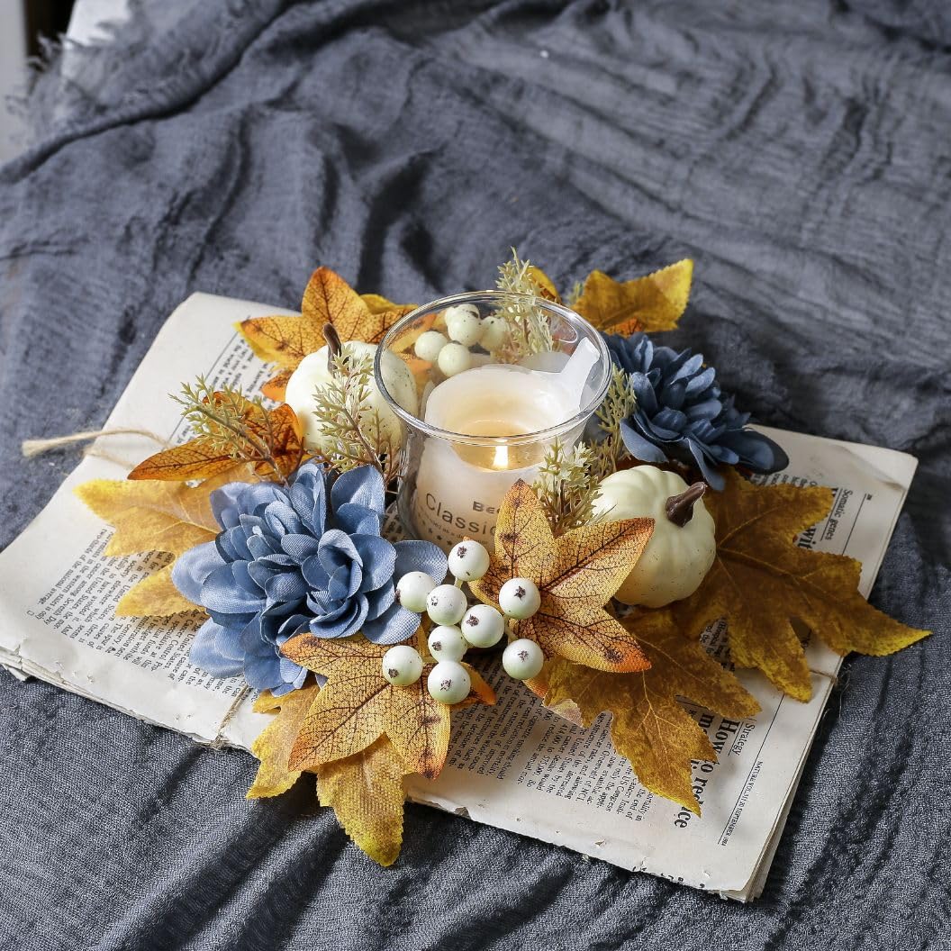 Thanksgiving Fall Candle Ring Holder Artificial Pumpkin Berries Maple Leaves Dahlia Flowers Candle Ring Wreath for Autumn Wedding Harvest Table Centerpiece Decor Supplies (Blue)
