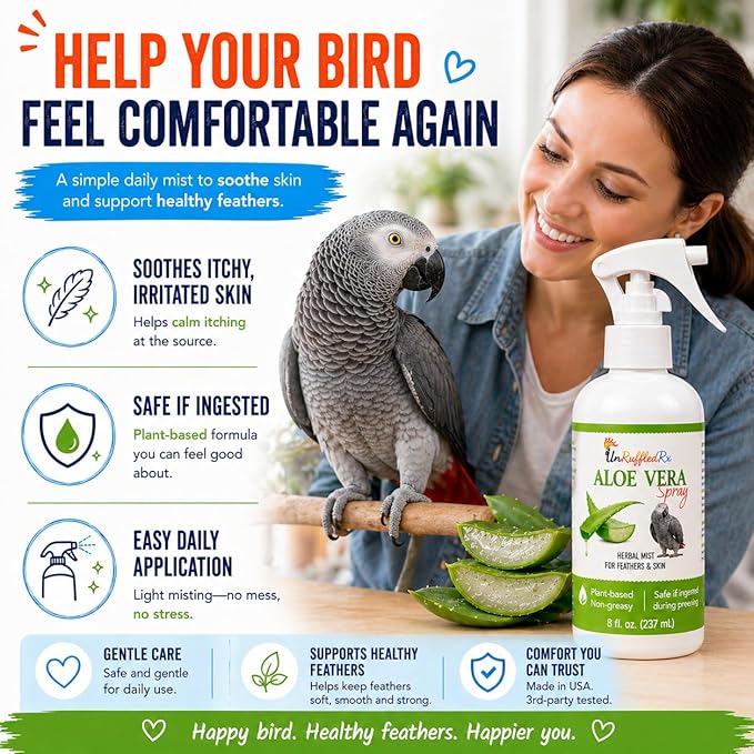 Aloe Vera Bird Spray for All Birds – Soothes Itchy Skin & Feather Plucking – 8oz Odor-Free Mist, Safe if Ingested, Daily Use Bird Mist, Softens Feathers, Natural Formula – Made in USA by UnRuffledRx™
